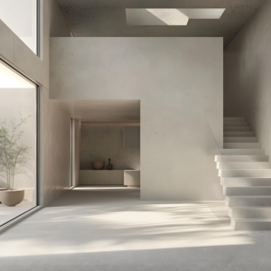 Minimalist Concrete Interior Design With Staircase And Window