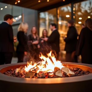 Employees gathered around a fire pit at a cozy corporate party