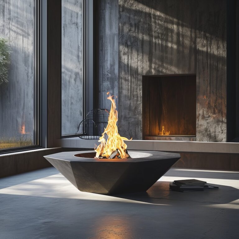 a fire pit in a room with windows