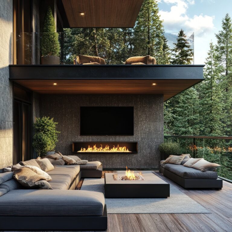 A modern outdoor lounge with a fire pit, surrounded by trees, ideal for relaxation.
