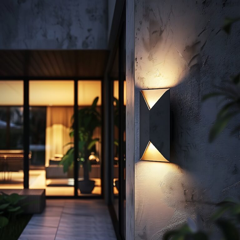 a close up of a light on a wall near a house