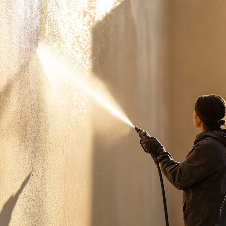 Worker using high-pressure hose on wall outdoors