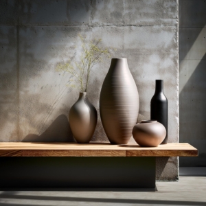 Conveys a sense of modern, minimalist elegance, with the simple forms of the vases complemen