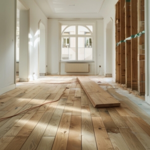 Empty Wooden Flooring in Bright and Minimalist Room with Arch Window and Architectural Details for Renovation or Interior Design Concept