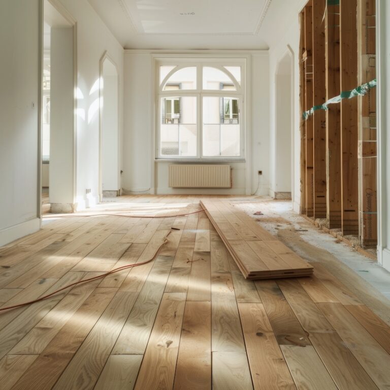 Empty Wooden Flooring in Bright and Minimalist Room with Arch Window and Architectural Details for Renovation or Interior Design Concept