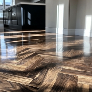 Wood floor with herringbone pattern, dark brown and light brown.