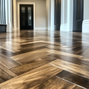 Wood floor with herringbone pattern, dark brown and light brown.
