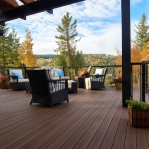 there is a deck with wicker chairs and a table on it. generative ai.