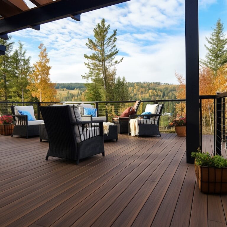 there is a deck with wicker chairs and a table on it. generative ai.